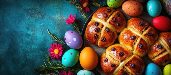Fototapeta premium Easter cross buns with raisins surrounded by colorful eggs and flowers on a blue background perfect for seasonal promotions and greetings