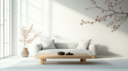 Modern Japandi living room with a sleek wooden coffee table, soft gray sofa, and minimalist decor elements