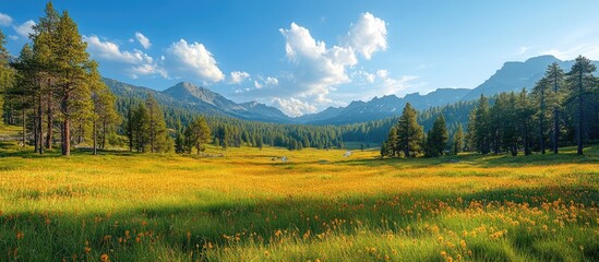 Serene landscape of sunny day in national park with vibrant wildflower meadows and majestic mountains under a clear blue sky.