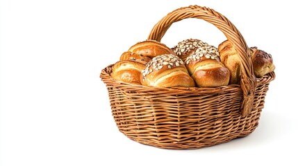 Wicker basket filled with assorted pastries, buns, and bread, positioned against a clean white background, ideal for culinary themes and text placement, food photography, baking, bakery items.