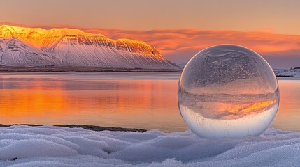 "Winter mountain landscape reflecting on fjord waters with a glass sphere in the foreground, vibrant sunset colors illuminating the scene, nature, tranquility, ice, travel."