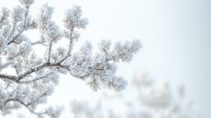 Frosted tree branches adorned with snowflakes creating a serene winter atmosphere against a soft white background