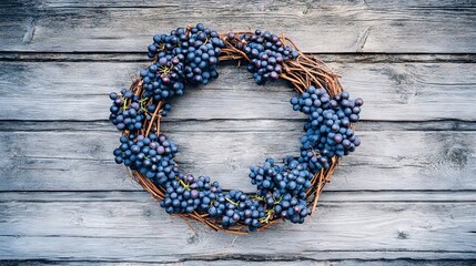 Rustic wreath of braided vines embellished with dark clusters of black grapes, positioned on a weathered wooden backdrop, farmhouse decor, natural elements, seasonal arrangement.
