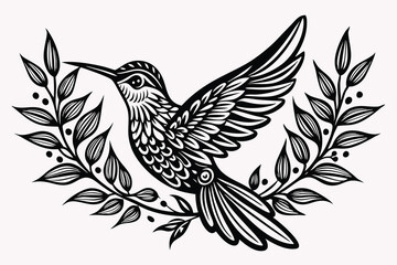 Obraz premium decorative hummingbird design with fine details, plants around A.eps