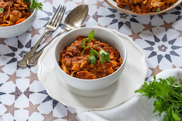 Vegetarian lasagne soup with meatless quorn mince