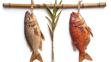 Obraz premium Dried fish and bamboo hanging decoratively in traditional Asian style on a white background showcasing unique culinary heritage and textures