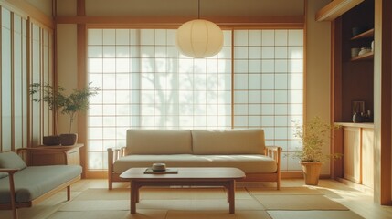 Neutral-toned Japandi living room with a single hanging pendant light, warm wooden furniture, and minimal decor