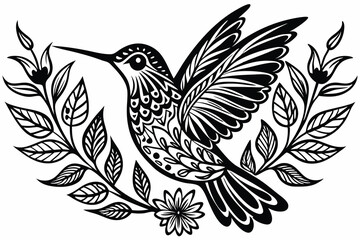 decorative hummingbird design with fine details, plants around E.eps