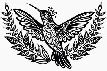 decorative hummingbird design with fine details, plants around G.eps