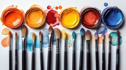 Watercolor paints and brushes arranged on a white background with colorful splashes, ideal for artwork design or textual overlay, creativity, art supplies, vibrant colors.