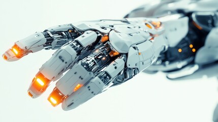 Pointing robotic hand, illuminated tips on fingers, white background, clean and futuristic design