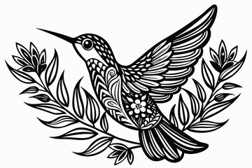 decorative hummingbird design with fine details, plants around H.eps