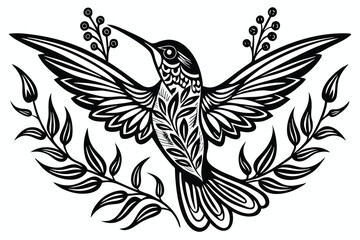 decorative hummingbird design with fine details, plants around I.eps