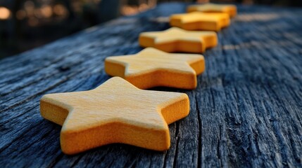 Wooden five star shapes lined on a rustic table symbolizing rating ranking evaluation and classification concept for reviews and feedback systems