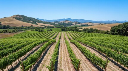 Fototapeta premium Lush vineyard landscape in sunny countryside with rolling hills and clear blue sky