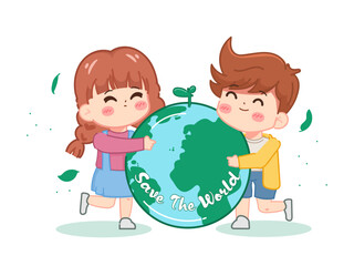 Cute little children hugging a globe to signify that we must love the earth.