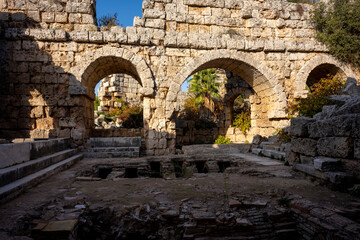 Rows of columns in Perge, Antalya, Turkey. Remains of colonnaded street in Pamphylian ancient city.Rows of columns in Perge, Antalya, Turkey. Ancient Kestros Fountain. Aksu, Antalya