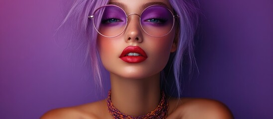Obraz premium Stylish woman with violet hair and trendy makeup showcasing vibrant look with ethnic jewelry in a modern beauty salon setting.