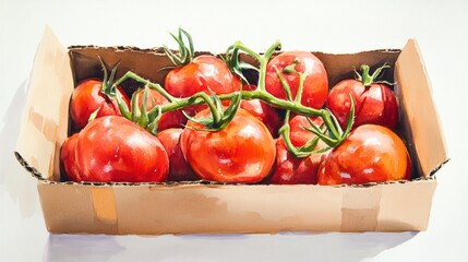 Realistic depiction of vibrant ripe tomatoes in a cardboard box, emphasizing texture and freshness, white background