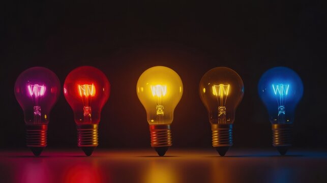 Different colored light bulbs glowing together in a dark room, symbolizing innovation and diversity of ideas, minimalistic photography style