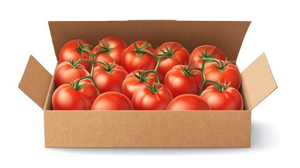 Realistic vector design of tomatoes with varying red tones, carefully arranged in an open cardboard box on white