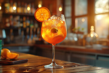 Refreshing orange cocktail served in a stylish glass at a cozy bar in the golden evening light. Generative AI