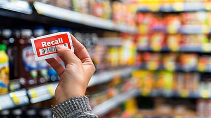 Hand holding a "Recall" sticker on a packaged food item, highlighting the importance of food safety and consumer protection in product management.