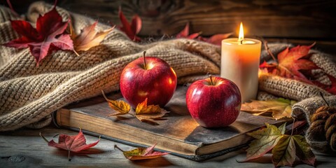 A warm candle glows next to two ripe apples on a book surrounded by autumn leaves and a cozy knit blanket.