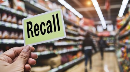 Hand holding a "Recall" sticker on a packaged food item, highlighting the importance of food safety and consumer protection in product management.