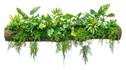 Fototapeta premium Lush tropical foliage with climbing vines ferns and moss on a tree trunk isolated on white showcasing vibrant tropical biodiversity