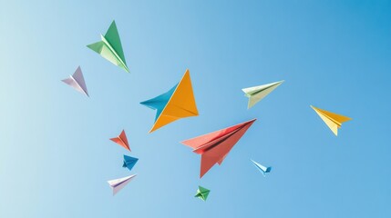 Different colored paper airplanes flying in formation against a clear sky, symbolizing aspirations and diverse perspectives, minimalistic photography style