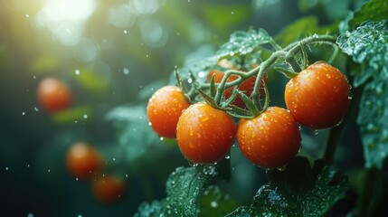 Ripe and juicy cherry tomatoes glistening with dew on a vine in vibrant green foliage under soft sunlight backdrop