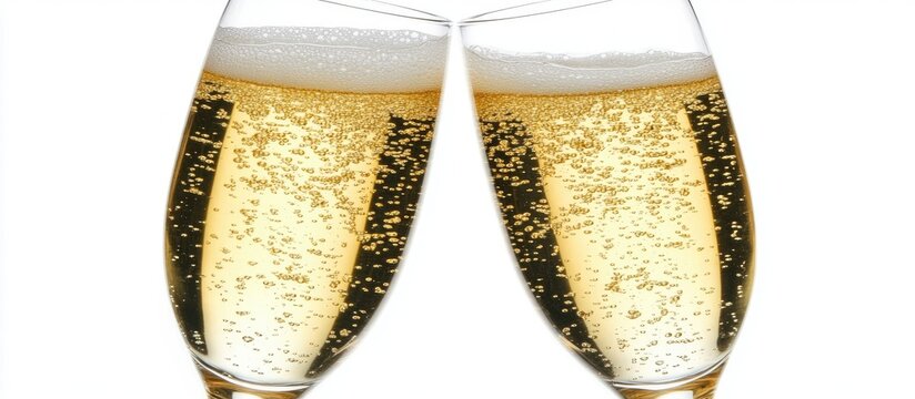 Celebratory Toast with Two Flutes of Sparkling Champagne on White Background