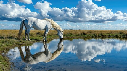 Camargue horse drinking from pond in southern France showcasing reflection in water and scenic natural landscape with blue skies and clouds
