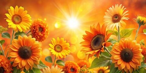 Obraz premium A radiant display of sunflowers bathed in golden light, showcasing vibrant hues of orange and yellow, creating a picturesque summer scene.