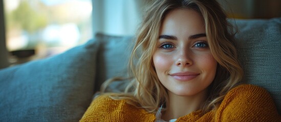 Cheerful young woman receiving IV therapy while relaxing on the couch promoting wellness and self-care in a cozy home environment