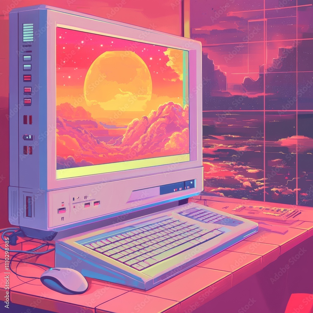 Fototapete vintage aesthetic computer desktop page with popup boxes. vaporwave browser and dialog windows. 80s 
