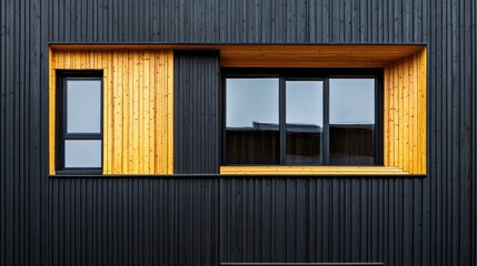 Modern architectural facade showcasing a blend of wood and black paneling with distinct window designs and foam-filled joints for insulation