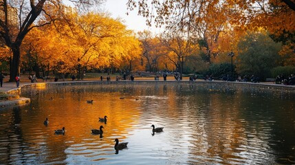 Autumnal Serenity: Golden Leaves Reflecting on a Tranquil Pond