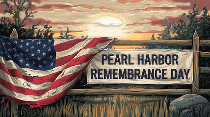 Pearl Harbor Remembrance Day Text Banner with USA Flag and Natural Elements
