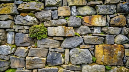 A weathered stone wall, built with irregularly shaped stones, showcasing the effects of time and nature, with moss and lichen adding a touch of green and yellow to the gray stone.