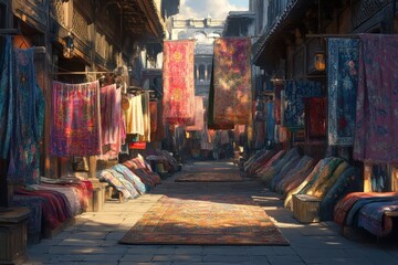 Obraz premium Early Morning at a Vibrant Market with Draped Fabrics