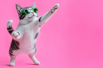 Energetic gray and white cat wearing green sunglasses, striking a playful pose against a pink background, showcasing charm, fun, and a cool attitude.