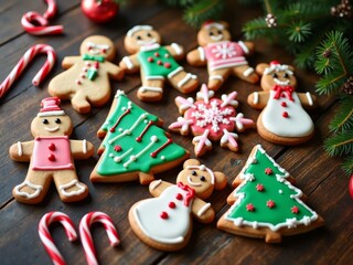 Obraz premium Decorated Christmas Gingerbread Cookies with Royal Icing - Festive Holiday Shapes of Trees, Snowflakes and Characters with Candy Canes on Dark Wood