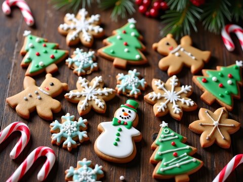 Decorated Christmas Gingerbread Cookies with Royal Icing - Festive Holiday Shapes of Trees, Snowflakes and Characters with Candy Canes on Dark Wood - Powered by Adobe