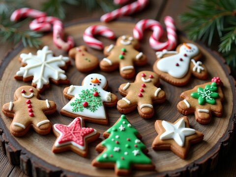 Decorated Christmas Gingerbread Cookies with Royal Icing - Festive Holiday Shapes of Trees, Snowflakes and Characters with Candy Canes on Dark Wood