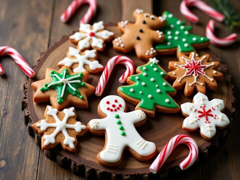 Decorated Christmas Gingerbread Cookies with Royal Icing - Festive Holiday Shapes of Trees, Snowflakes and Characters with Candy Canes on Dark Wood