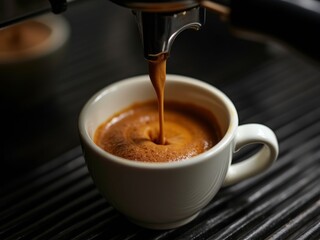 Fresh Espresso Shot with Golden Crema Pouring from Professional Coffee Machine into Double-Wall Glass Cup