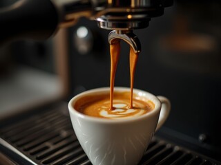 Fresh Espresso Shot with Golden Crema Pouring from Professional Coffee Machine into Double-Wall Glass Cup