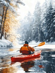 Fototapeta premium Man paddles a red kayak on the river or lake near trees in fall season. Winter kayaking